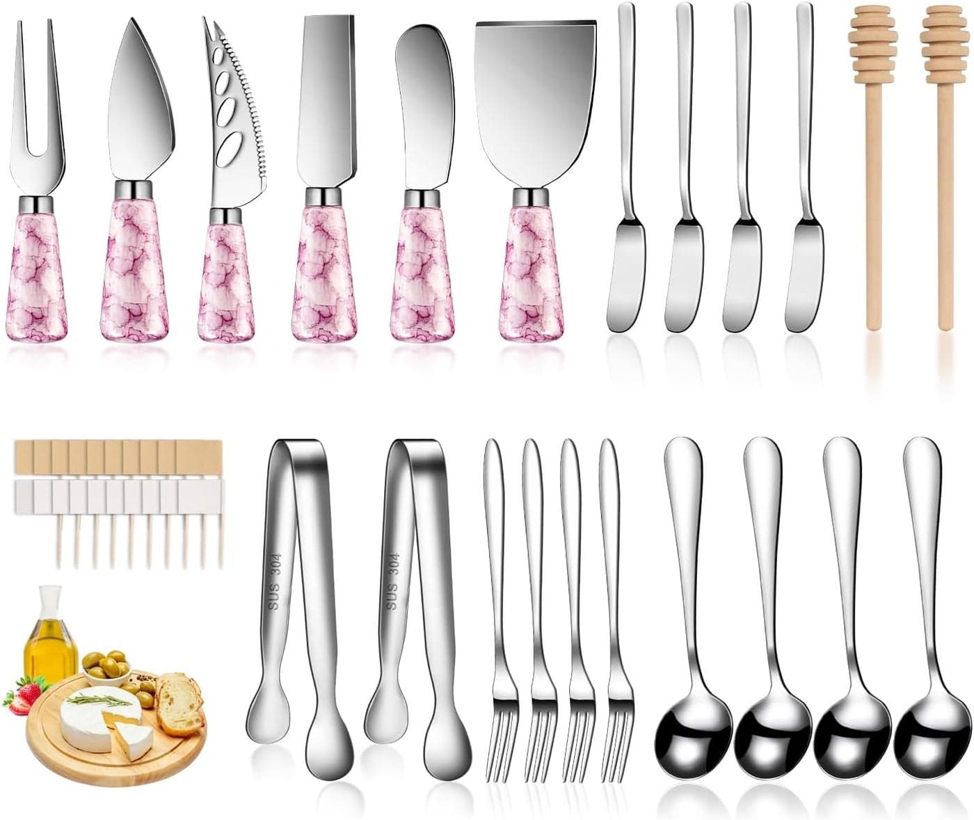Marble Pink Cheese Knife Set Ceramic Handle Charcuterie Board Accessories Butter Spreader Cheese Slicer Serving Tongs Spoons Forks Flags Wooden Honey Dipper