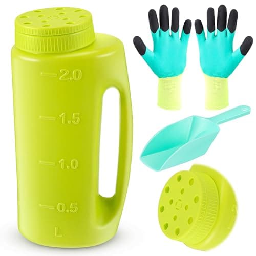 Tioncy Handheld Spreader Set Seed Spreader with Scoop and Gloves for Grass Seed, Ice Melt, Fertilizer Lawn and Garden, Multiple Adjustable Portable Spreaders for Yard, up to 2l(Green)