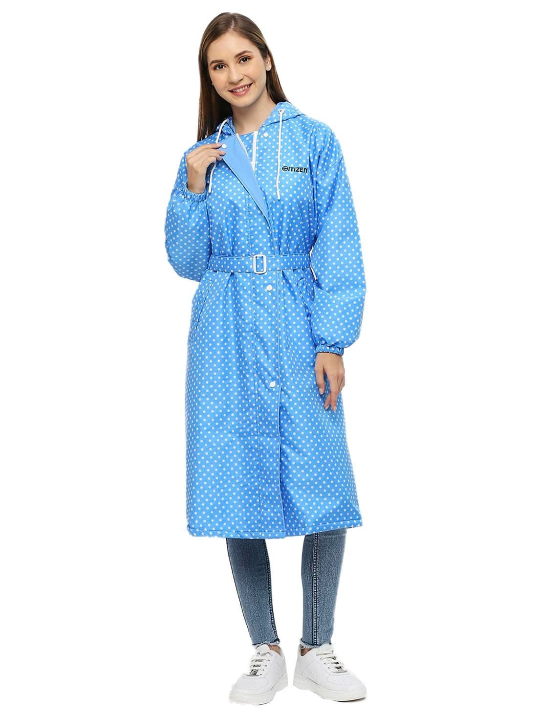 Citizen Reversible Raincoat for Women with Inbuilt Hood, Waist Belt & Matching Carry Pouch | Stylish Polka Dot Design | Durable & Lightweight Rainsuit with High Tearing Strength | Blue, 2XL