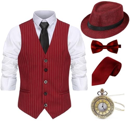 Gionforsy 1920s Mens Costume Gatsby Gangster Costume Accessories Set 20s Hat Suspenders Bow Tie (Winered Stripe-Panama Hat, X-Large)