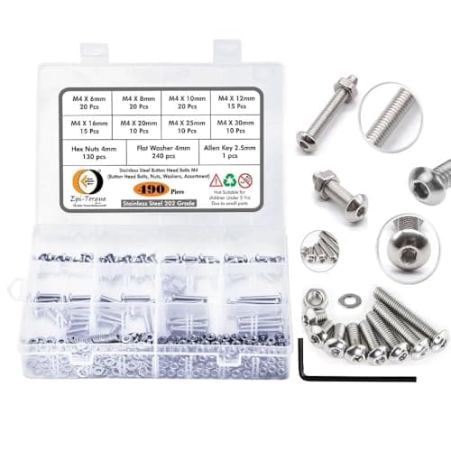 Epi-Torque Stainless Steel 202 Grade Button Head Allen Key Bolt M4 Assortment with Matching Nuts, Washer & Allen Key Pack of 490 Pcs