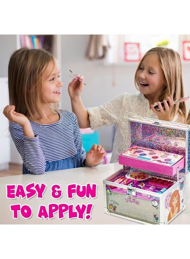 Disney Princess Train Case Girls Beauty Set, Kids Makeup Kit for Girls, Real Washable Toy Makeup Set, Play Makeup, Pretend Play, Party Favor, Birthday, Toys Ages 3 4 5 6 7 8 9 10 11 12