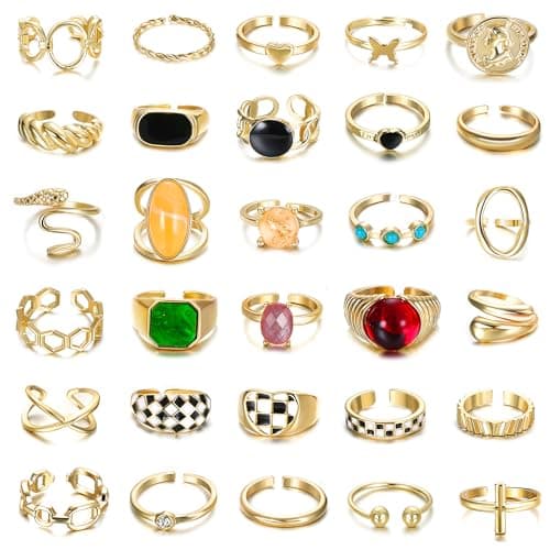 Florideco 30Pcs 18K Gold Plated Chunky Rings for Women Chunky Twisted Signet Rings Stackable Knuckle Midi Ring Adjustable Open Ring Sets