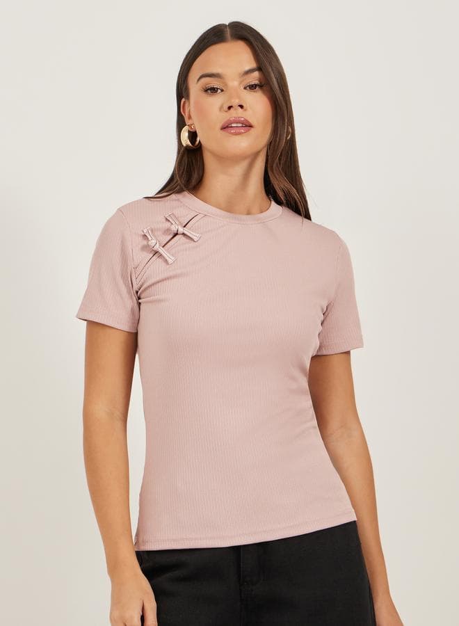 Textured Bow Detail Round Neck T-Shirt