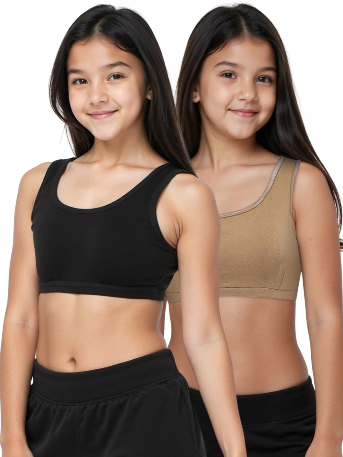 DChica Essentials Sports Bra for Girls, Cotton Non-Padded and Non-Wired Full Coverage Beginners Bras with Regular Broad Strap, T Shirt Gym Workout, Training Activewear for Teenager Kids (Pack of 2)