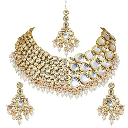Lucky Jewellery 18K Gold Plated White Kundan Stone/Uncut Kundan/Dibbi Kundan/Meena Kundan/Lucknow Kundan Bridal Set for Girls & Women (6105-M4SK-1568-W)