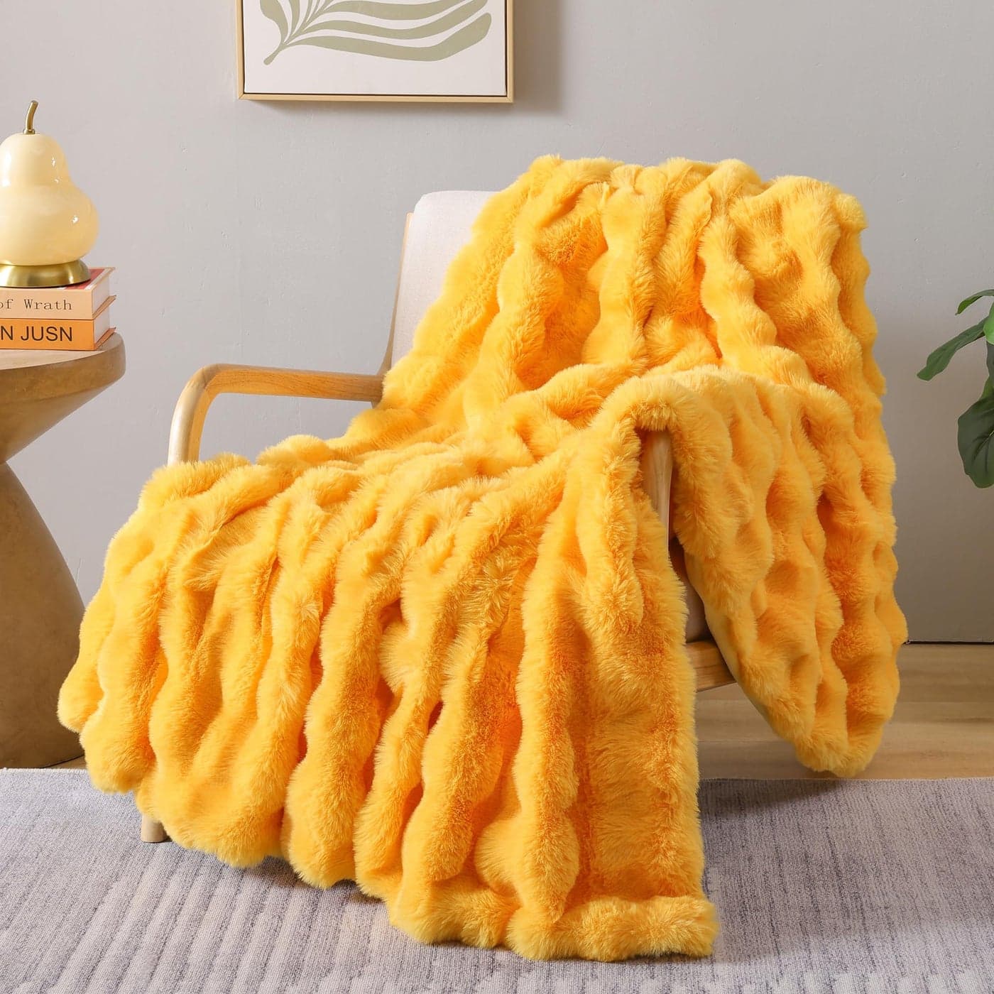 Smoofy Faux Fur Throw Blanket for Couch Mustard Yellow Fluffy Cozy Rabbit Fleece Plush Soft Bubble Blanket for Sofa Bed for Mom Warm Fuzzy Home Room Decor Throw 50 x 60