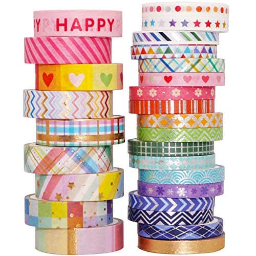 YUBBAEX Bright Mix Gold Washi Tape Set VSCO Foil Masking Tape Decorative for Arts, DIY Crafts, Journal Supplies, Planners, Scrapbook, Card/Gift Wrapping -5/10mm- (Rainbow 27 Rolls)