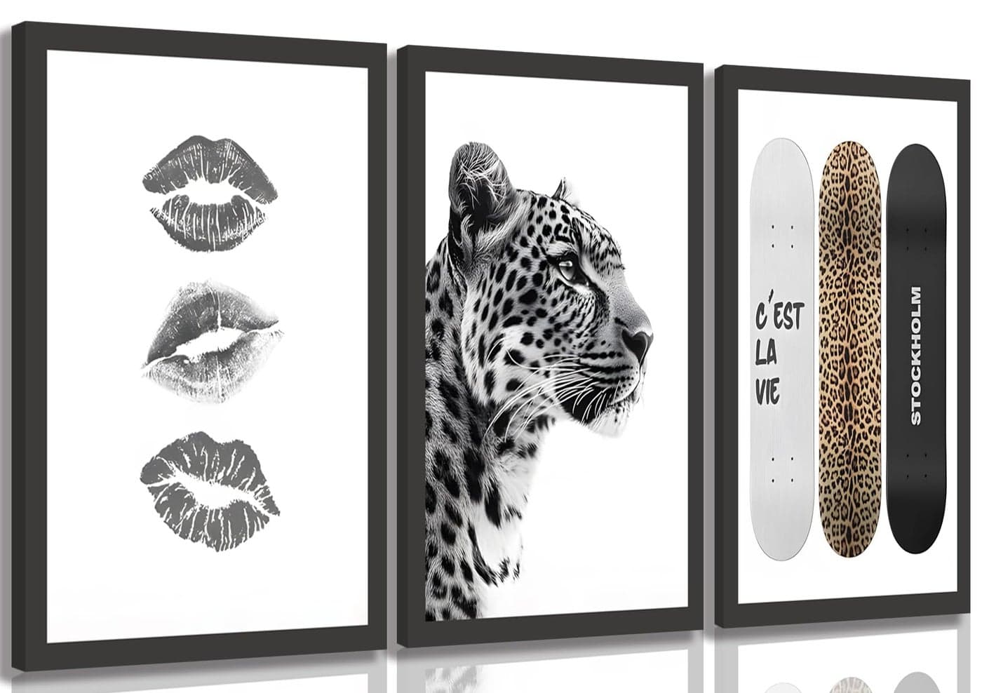 Framed Stockholm Style Canvas Wall Art Set of 3 Black and White Trendy Leopard print Lips Prints Preppy Room Aesthetic Painting Cheetah Wall Decor Pictures for Girls Bedroom Apartment Dorm 12x16in