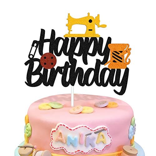 Sewing Machine Cake Topper Happy Birthday Sign Cake Decorations for Seamstress Tailor Themed Women Mother Birthday Party Supplies Black Glitter Decor
