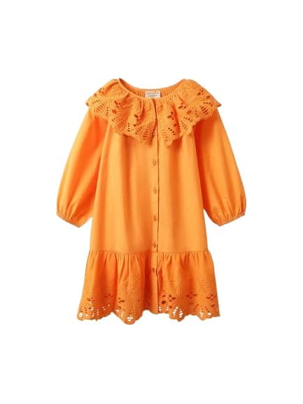 SPUNKIES Girl's Cotton Modern Mini Dress | Eyelet Embroidered Hem & Ruffle Collar | Button-Down Knee-Length Dress with Puff Sleeves | Casual for Kids Orange