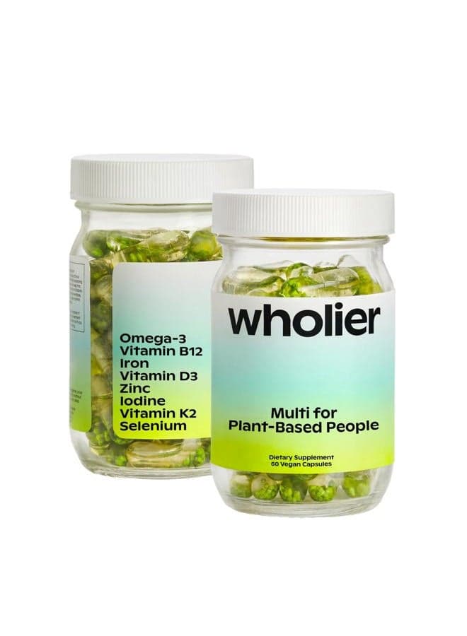 Plant-Based Multivitamin. Omega-3 DHA + EPA, Vitamin D, Vitamin B12, Zinc, Vitamin K2, Iron, Iodine, Selenium. 60 Count (30-Day Supply) Glass Bottle