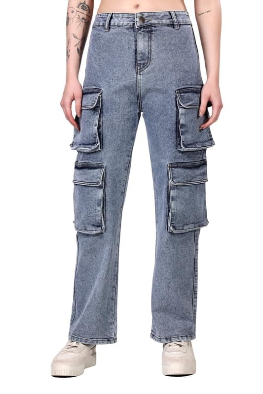 London Hills Women's Relaxed Fit Mid Rise Cargo Jeans for Woman | Baggy Jeans for Woman | Baggy Pant | Cargo Pants for Women | Black | Blue | Jins | Pockets