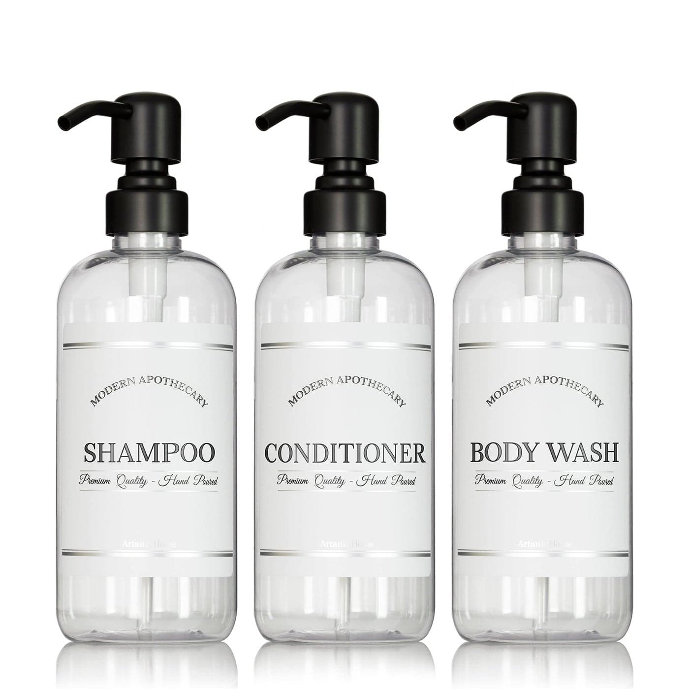 Clear Refillable Shampoo and Conditioner Bottles Body Wash Shampoo and Conditioner Dispenser PET Plastic Shampoo Bottles Refillable with Pump Waterproof Labels 16 oz 3 Pack Black Satin