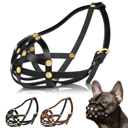 OOPSDOGGY French Bulldog Dog Muzzle for Short Snout Dog Leather Breathable Secure Basket Muzzle for Frenchie Prevents Biting No Chewing Adjustable Black