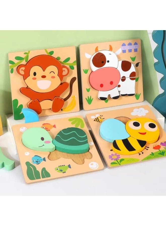 Wooden Advanced Three-Dimensional Puzzle Set Educational Toys For Young Children Boys And Girls Baby Cartoon Animal Puzzle 3-6-Color:Style One (Monkey + Cow + Turtle + Bee)