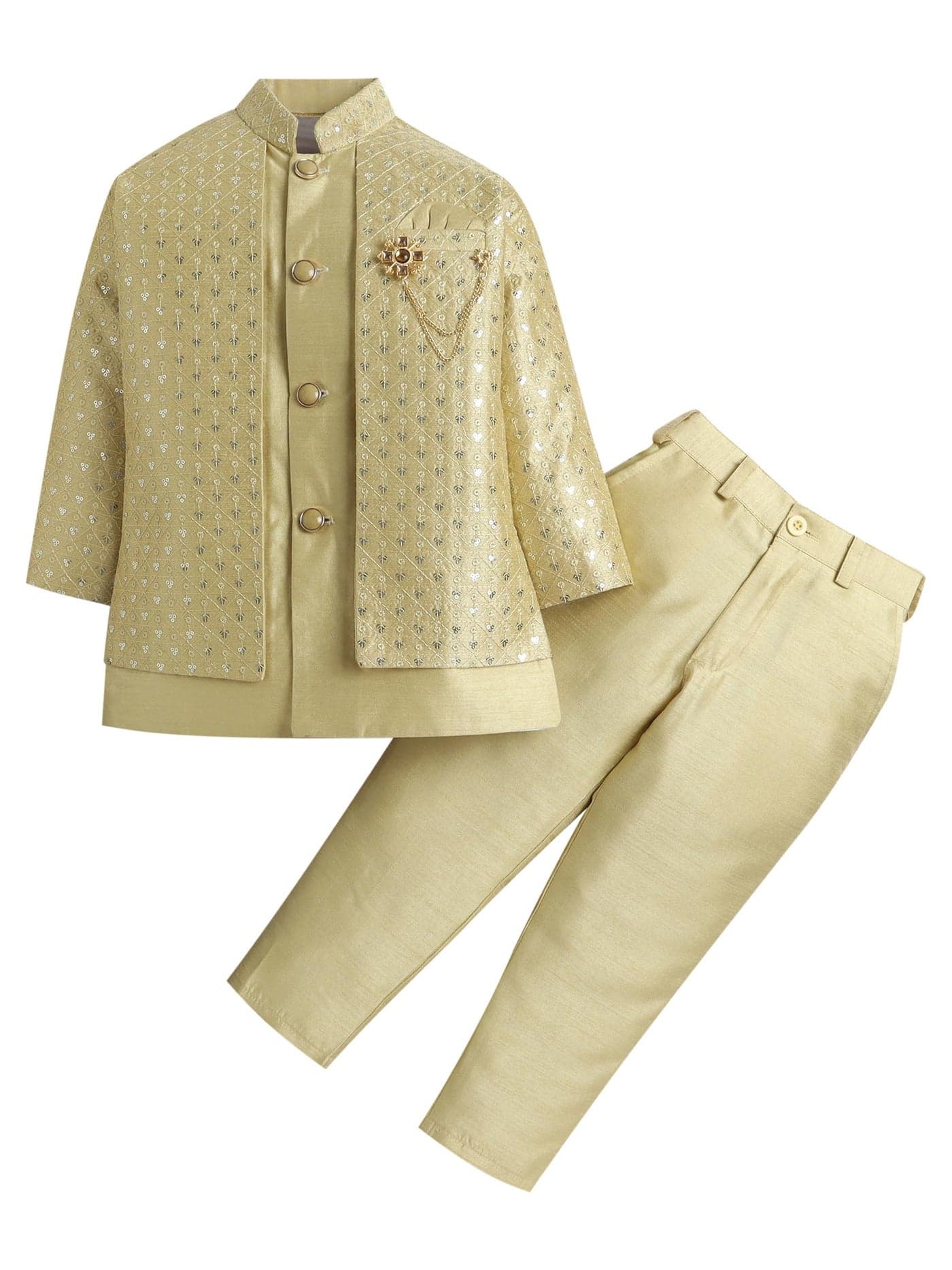 AHHAAAA Boy's Ethnic Cotton Silk Blend Nehru Modi Jacket Kurta & Pyjama Set for Boys|Sequin Embellished Ethnic Set|Ideal for any Festivals/Weddings Occasion|Green, 5-6 Years|