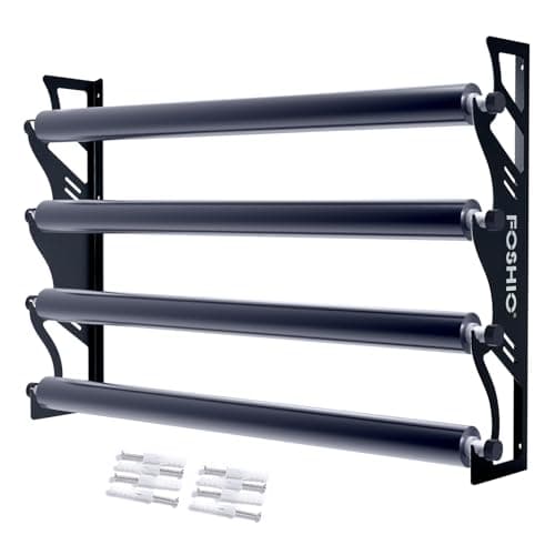 FOSHIO Vinyl Holder with Mounting Hardware,Metal Rack Heavy Duty Vinyl Storage Tool for 4 Rollers of Vinyl,Transfer Paper Tape,Wallpaper,Window Film,Wall Mount Garage Workshop,Rollers Not Included