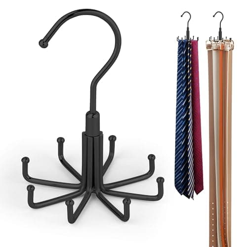 ZEDODIER Tie Hanger for Closet, Rotatable Tie Organizer for Men with 8 Hooks, Heavy Duty Space Saving Tie Rack for Ties and Belts, Black