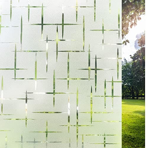WISDOM StaticCling Frosted Glass Window Film, Bathroom Window Clings Removable Sun Blocking Vinyl Window Stickers for Door Home Office, Non Adhesive (24 by 66inches, Frosted Plus Mines Pattern)