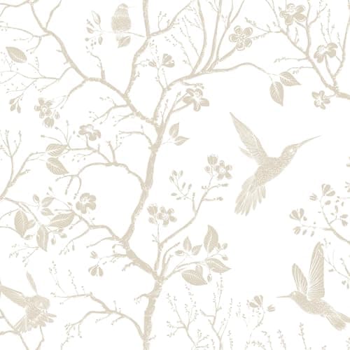 FunStick Vintage Beige White Floral Wallpaper Peel and Stick Cottage Farmhouse Bird Wallpaper White Floral Contact Paper for Cabinets Removable Renter Friendly Wall Paper for Bathroom Walls Waterproof