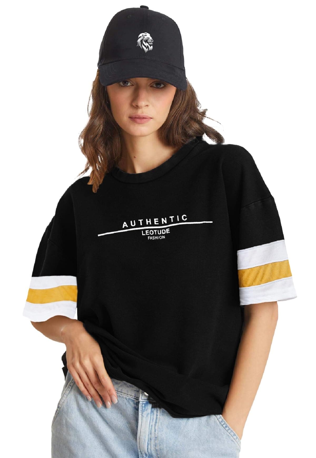 LEOTUDE Women's Oversized Cottonblend Round Neck Half Sleeve T-Shirt (FS28_BlkWht_P_Zblack_XL)