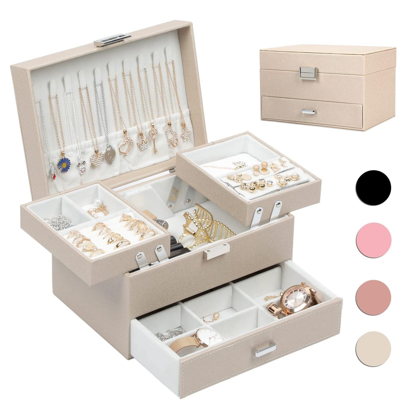 Dajasan Jewelry Box Organizer Jewelry Boxes for Women Girls 3 Layers Jewelry Gift Box for Christmas Valentines Day Birthday Mothers Day Champagne