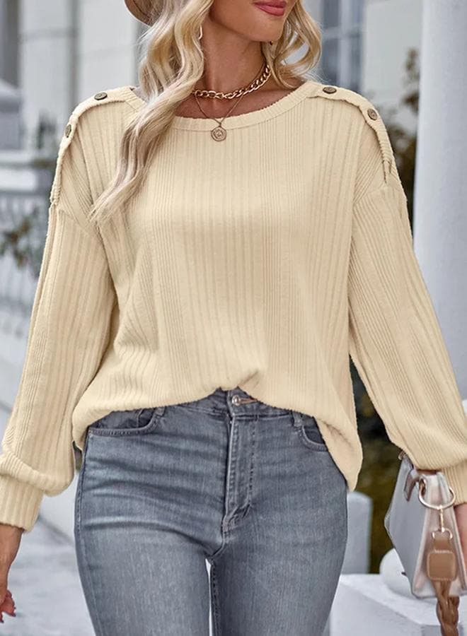 Take Two Women Beige Ribbed Long Sleeve Top with Button Detail