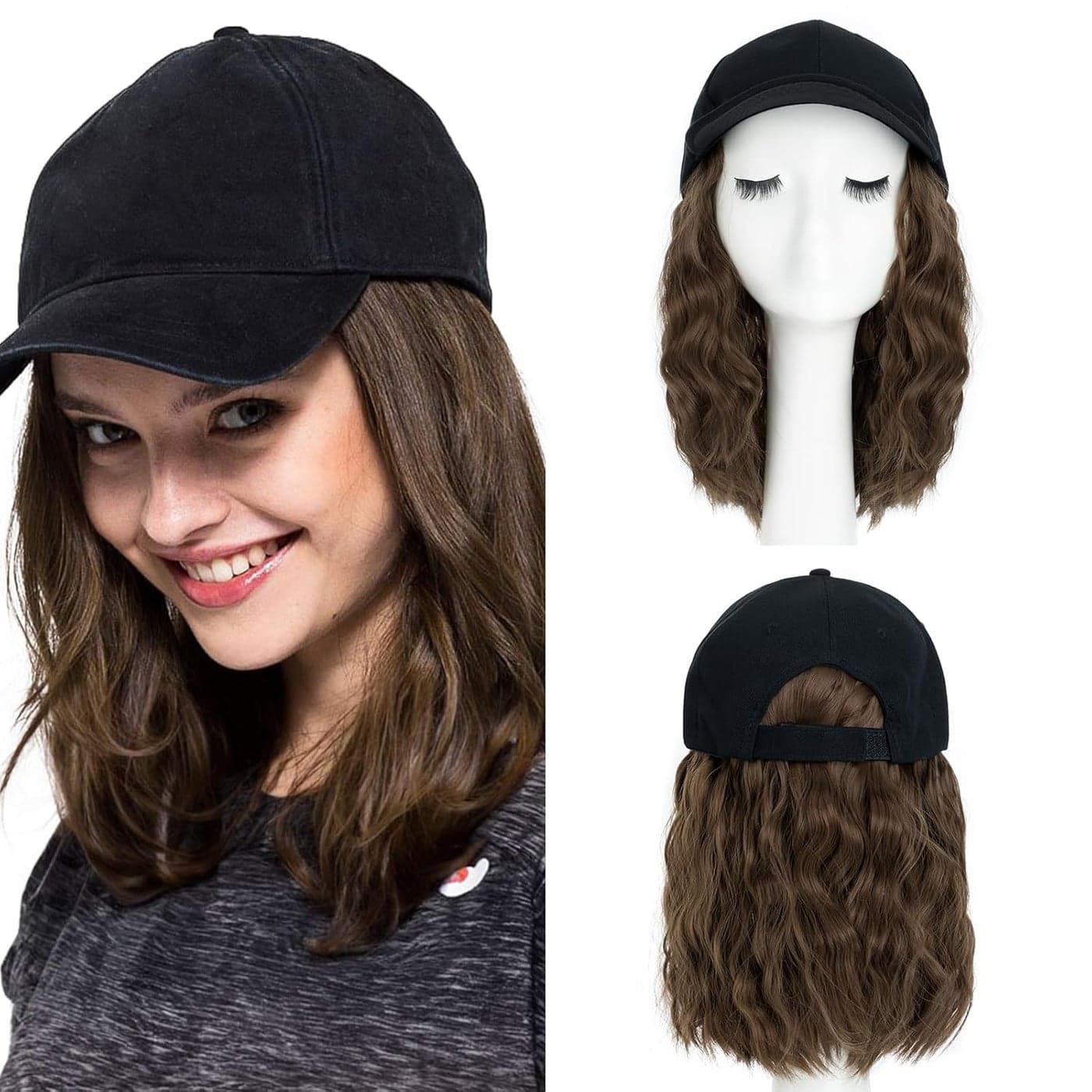 SEGO Hat with Hair Baseball Cap with Hair Extensions for Women Heat Resistant Synthetic 8 Adjustable Long Curly Hairpiece Replacement Wigs in Hat for Girls
