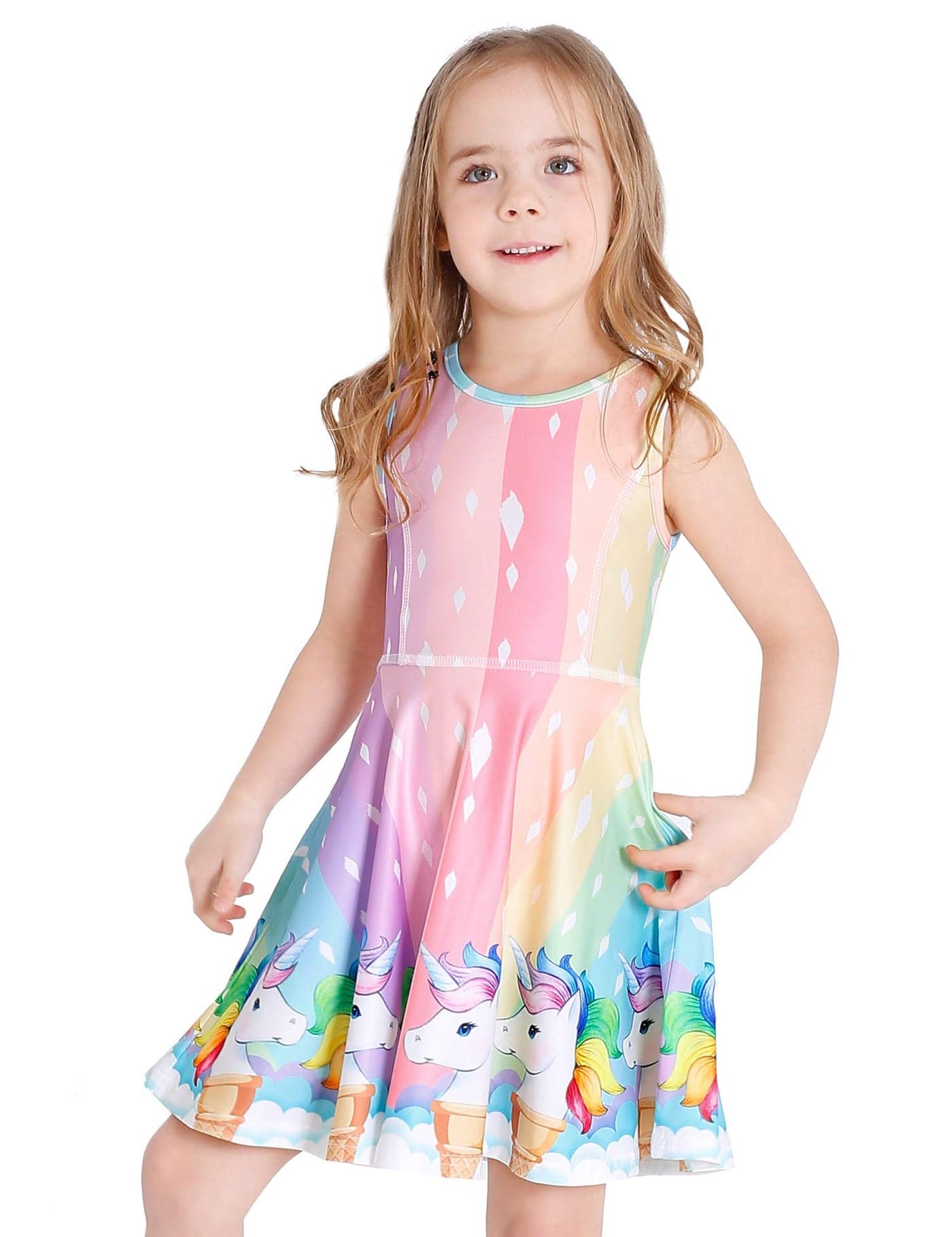 LaBeca Girls Party Casual Printed Twirly Sleeveless Dress Icecream Unicorn L