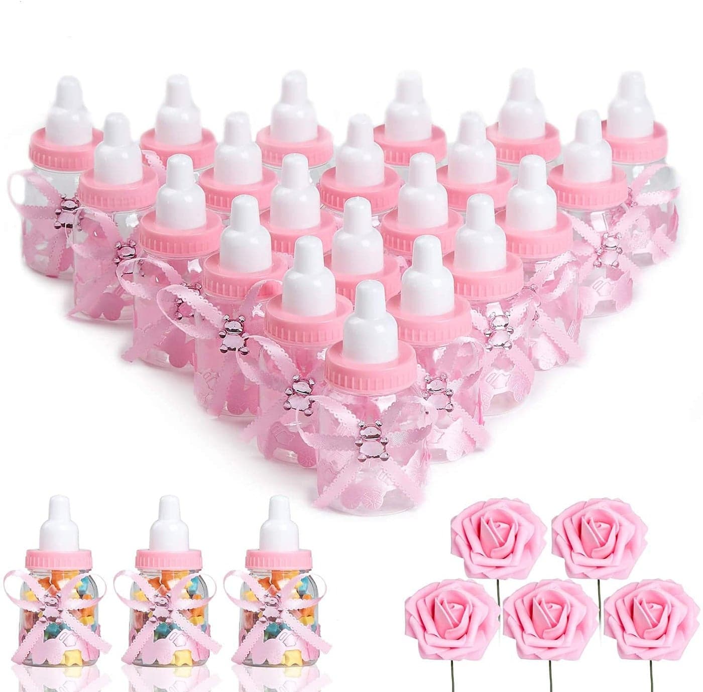 MACTING 2 Dozens 35 Inch Feeding Bottle Candy Box with 5 Pcs Artificial Flower Rose for Baby Shower Favor Gift Decoration Pink