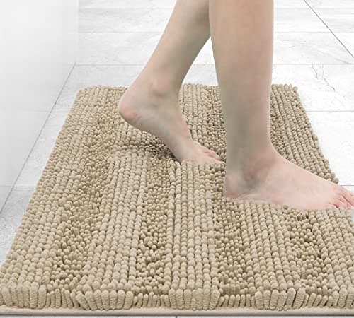 Grandaily Chenille Striped Bathroom Rugs 30x20 Extra Thick and Absorbent Bath Rugs NonSlip Soft Plush Shaggy Bath Carpet Machine Wash Dry Bath Mats for Bathroom Beige