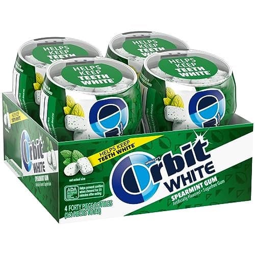 ORBIT WHITE Spearmint Sugar Free Mint Sugarless Fresh Breath Chewing Gum 40 Piece Resealable Bottle 4 Pack for Refreshening Breath