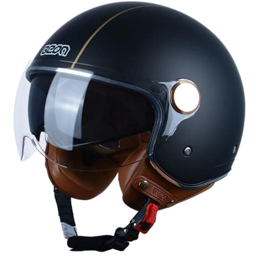Open Face Motorcycle Helmet for Adults DOT Approved34 Retro Vespa Helmet Dual Visors Mens and Womens Motorbike Casco for Moped Cruiser Bobber and ChopperMGolden Lines Matte Black