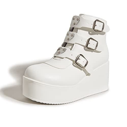 LUCKY STEP Women Platform Chunky Ankle Boots - Round Toe Zipper Wedges High Heels Rave Buckle Thick Sole Goth Booties (White,8 B(M) US)
