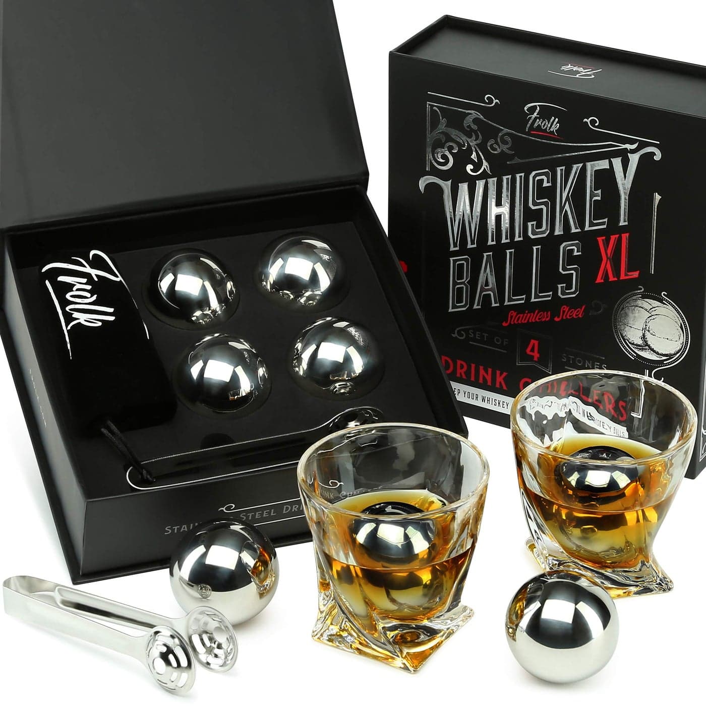 Gifts for Him Men Dad Husband 4 XL Stainless Steel Whisky Ice Balls Special Tongs Freezer Pouch in Luxury Gift Box for Whiskey Lovers