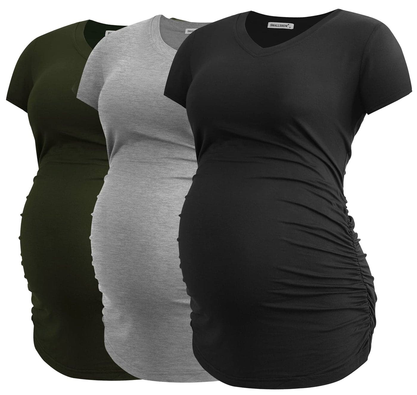 Smallshow Women's V Neck Maternity Clothes Tops Side Ruched Pregnancy T Shirt Large Army Green-Black-Grey