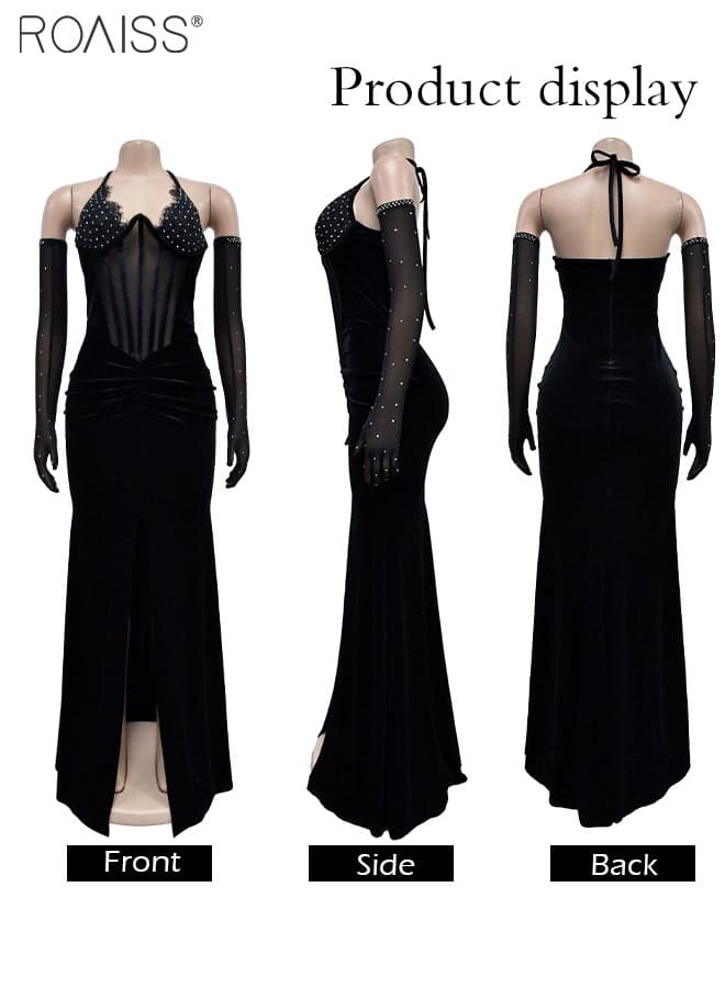 Fashionable Party Black Dress Women's Velvet Rhinestone Formal Occasion Halter Neck Backless Dress
