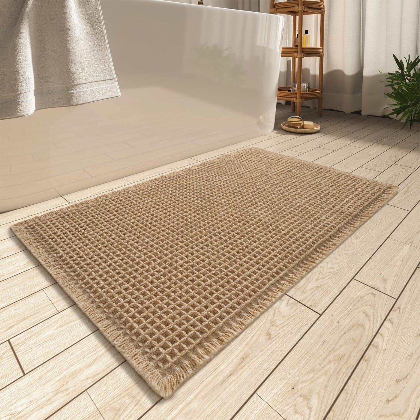 AMOAMI Upgraded Waffle Bath Mat Super Absorbent Non Slip Bath Mats for Bathroom Floor Machine Washable Bathroom Rugs with Tassels Rubber Backed Bathroom Mats Ultra Soft 18 x 30 Brown