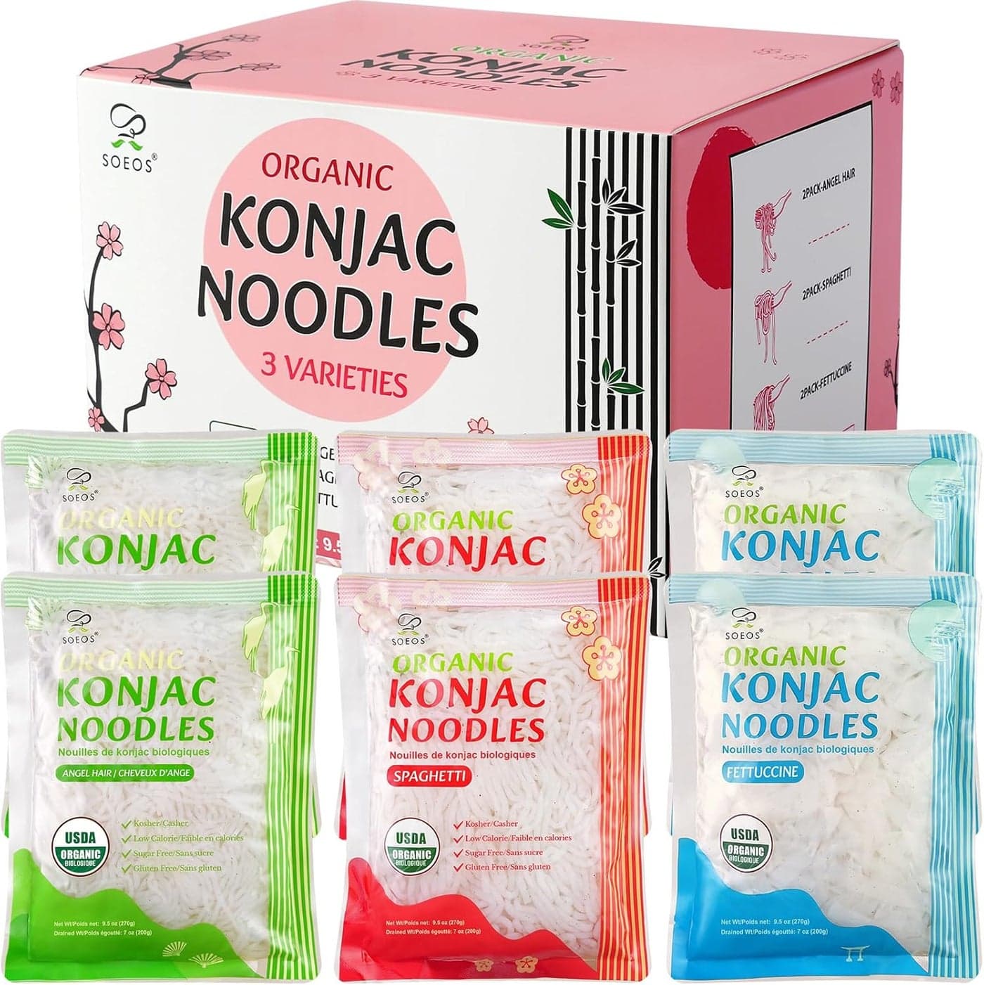 Soeos Organic Konjac Noodles - Low Calorie Shirataki Noodles in 3 Varieties (Spaghetti, Fettuccine, Angel Hair) - 52.8 Ounces (Pack of 6)
