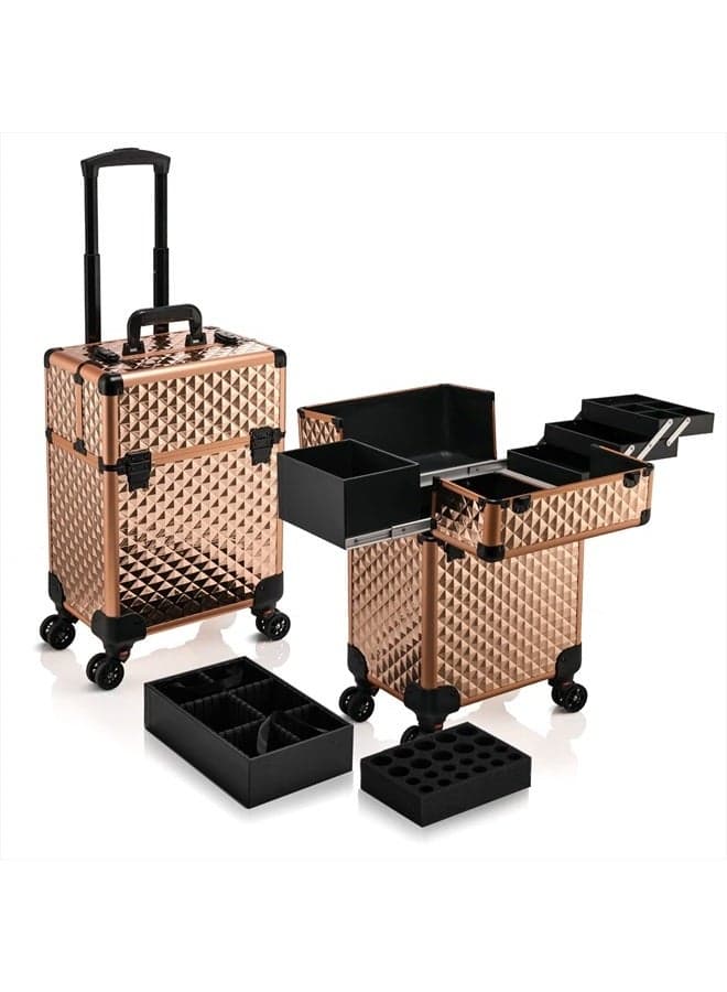 Beauty Rolling Makeup Train Case Cosmetic Trolley 4 Tray Sliding Rail Removable Middle Layer with Key Swivel Wheels Salon Barber Case Cosmetic Organizer Storage Large Travel Case - Rose Gold Diamond
