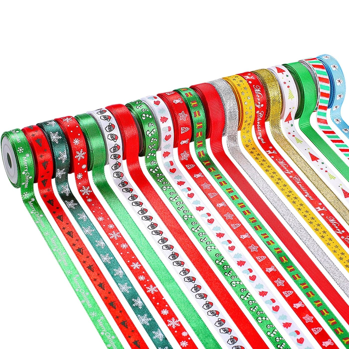 LIUYAXI 100 Yards 20 Rolls Christmas Ribbons38 Inch Wide Printed Grosgrain Ribbon Metallic Glitter Holiday Festival Christmas Satin Ribbons for Gift Wrapping Crafts Xmas Decorations