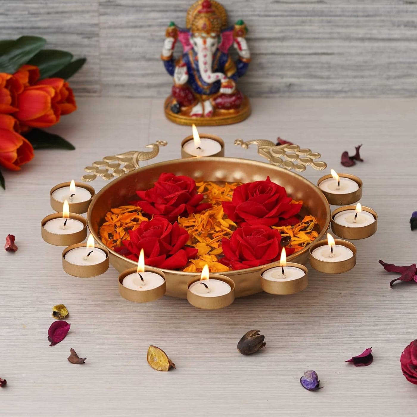 Webelkart| Decorative Round Peacock Shape Urli Bowl for Home Beautiful Handcrafted Bowl for Floating Flowers and Tea Light Candles Home,Office and Table Decor Special for Diwali (12" Inches)
