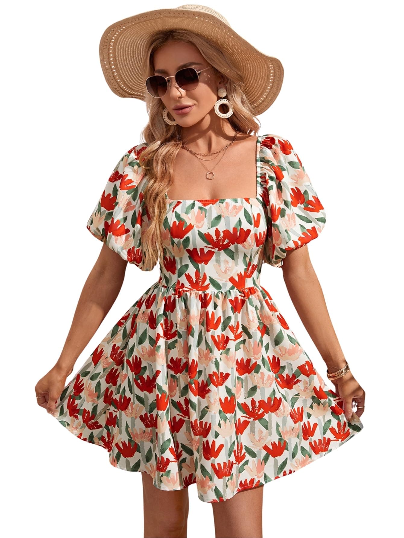 Aahwan Multicolor Solid Boho Bohemian Vacation Floral Flower Print Square Neck Puff Sleeve Elegant Dress for Women's & Girl's (327-Multi-XS)