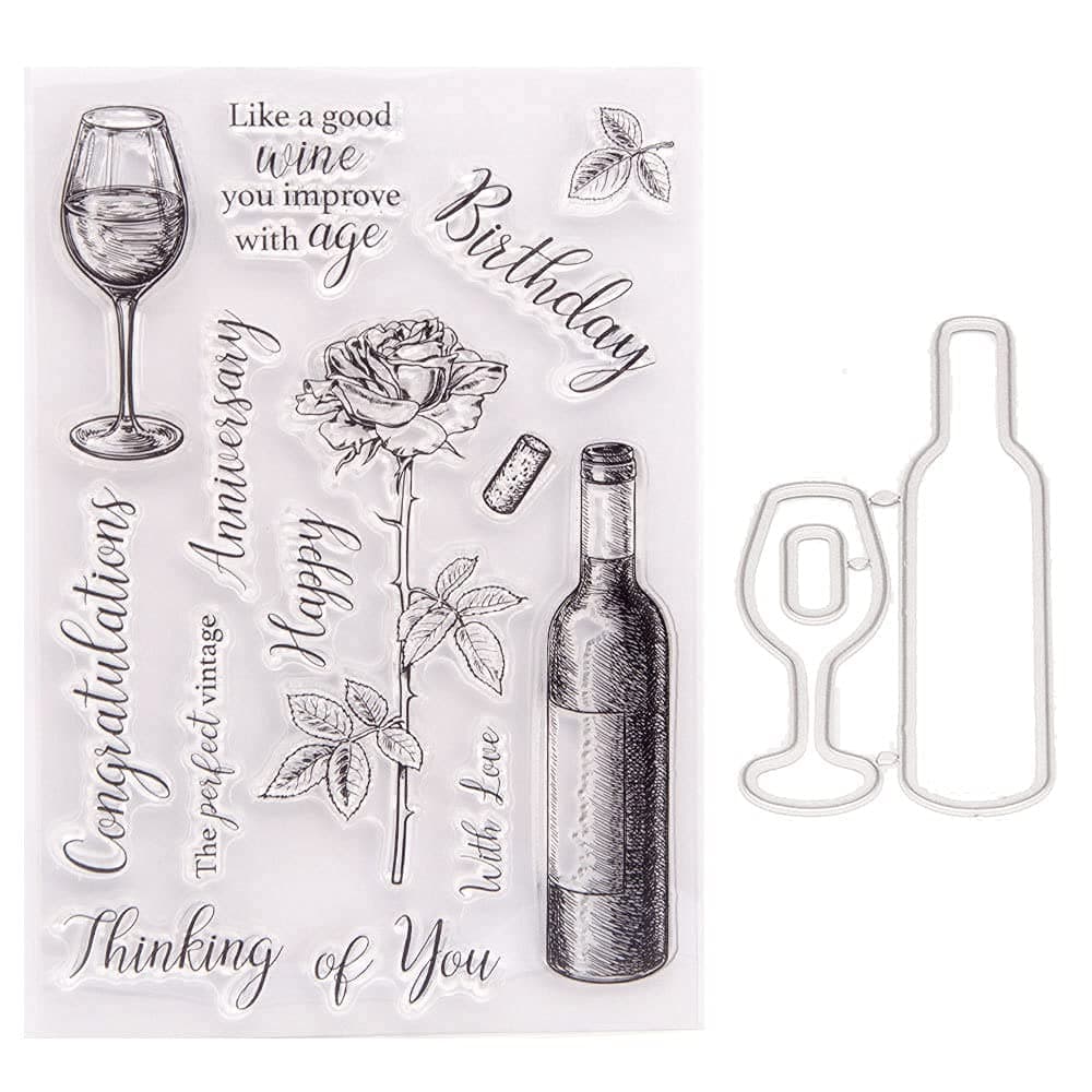Arbuya Happy Anniversary Birthday Wine Bottle Roses Decorative Clear Stamps and Cutting Dies for Card Making Scrapbooking DIYA1788