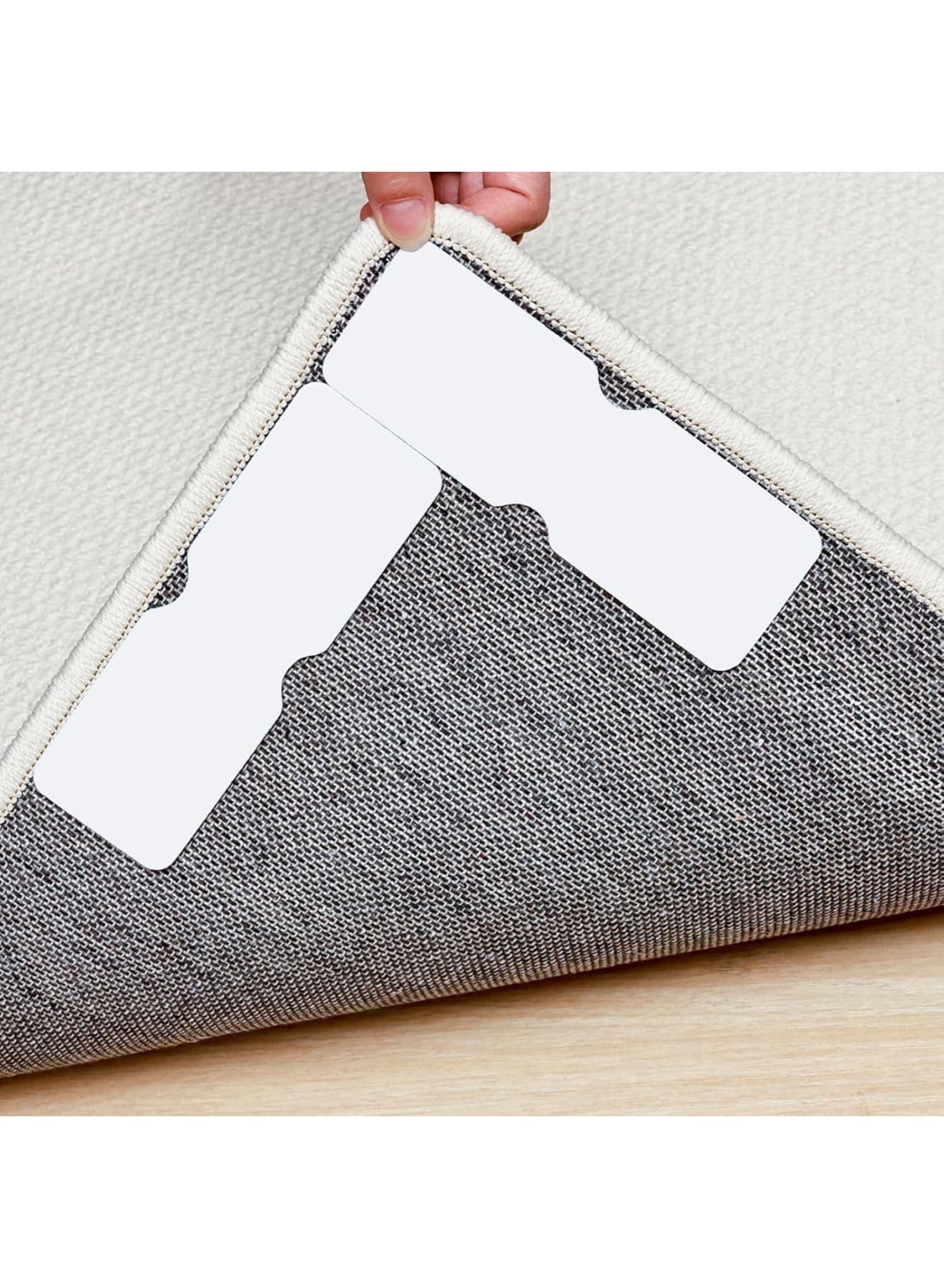 Rug Tape, 12 Pcs Non-Slip Double-Sided Reusable Rug Grippers, Washable Carpet Tape Pads to Prevent Curling Bunching for Area Rugs, Suitable for Hardwood Tile Floors (White)