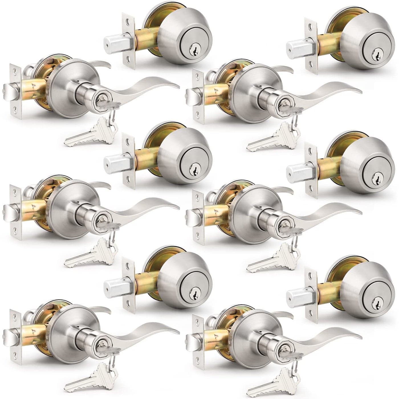 Probrico Exterior Door Lock Set with Deadbolt Satin Nickel Front Door Lock Keyed Alike Entry Door Lever Single Cylinder 6 Sets