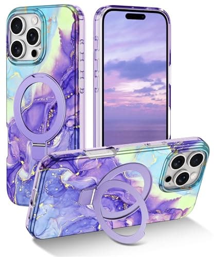 Lamcase for iPhone 16 Pro Case with Magnetic Invisible Ring Stand Compatible with MagSafe Full Body Rugged Slim Women Men Girl Shockproof Marble Pattern Design Case Violet