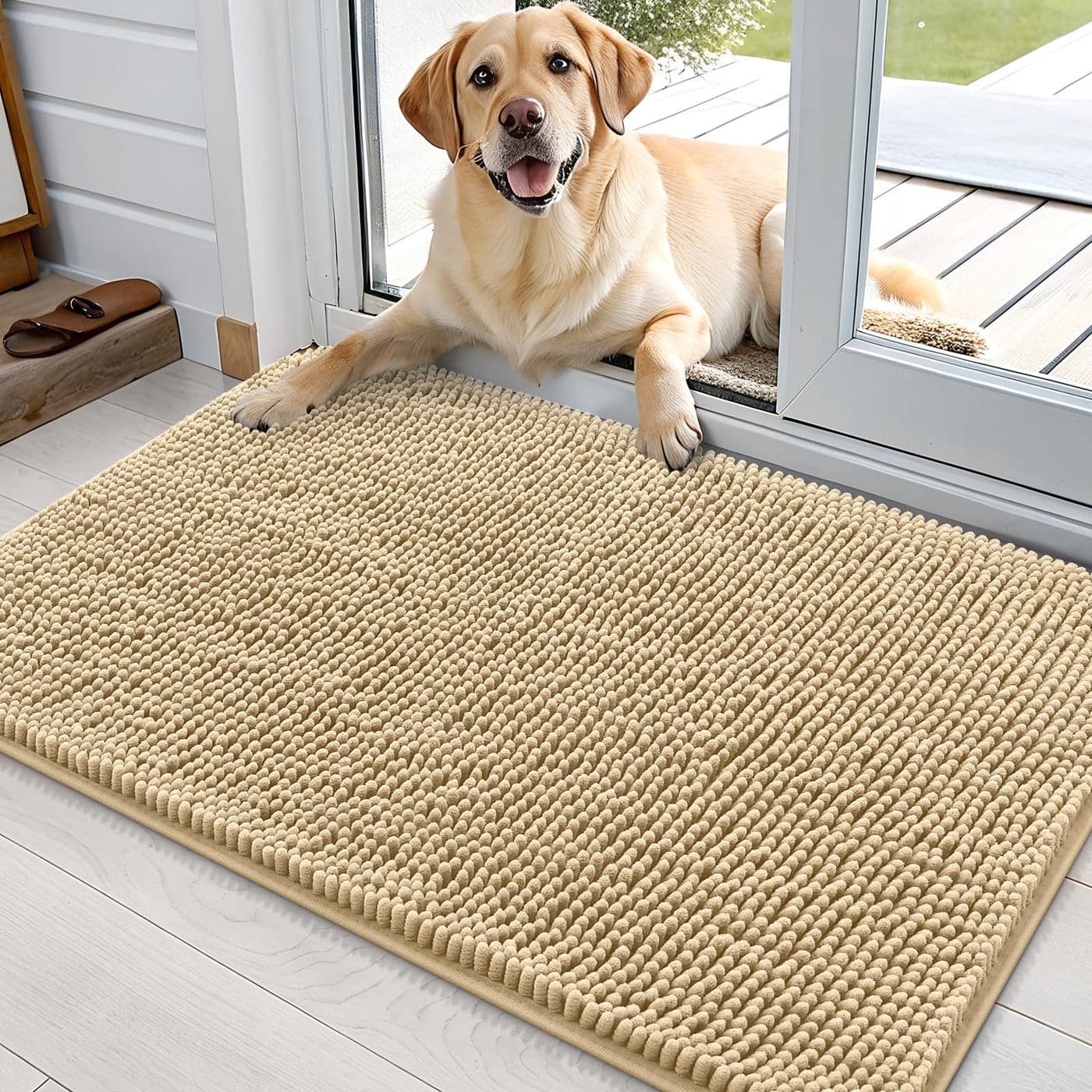 OLANLY Dog Door Mat for Muddy Paws 36x24 Absorbs Moisture and Dirt Absorbent NonSlip Washable Doormat Quick Dry Chenille Mud Mat for Dogs Entry Indoor Entryway Carpet for Inside Floor Beige