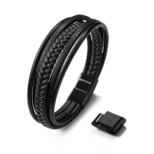 SERASAR Bracelets for Men Black Leather Bracelet Mens Cowhide Gift Box Braided Stainless Steel Jewelry Wrist Band Cuff Circlet Bangle Dad Man Pulseras para Hombres Cuero Regalo